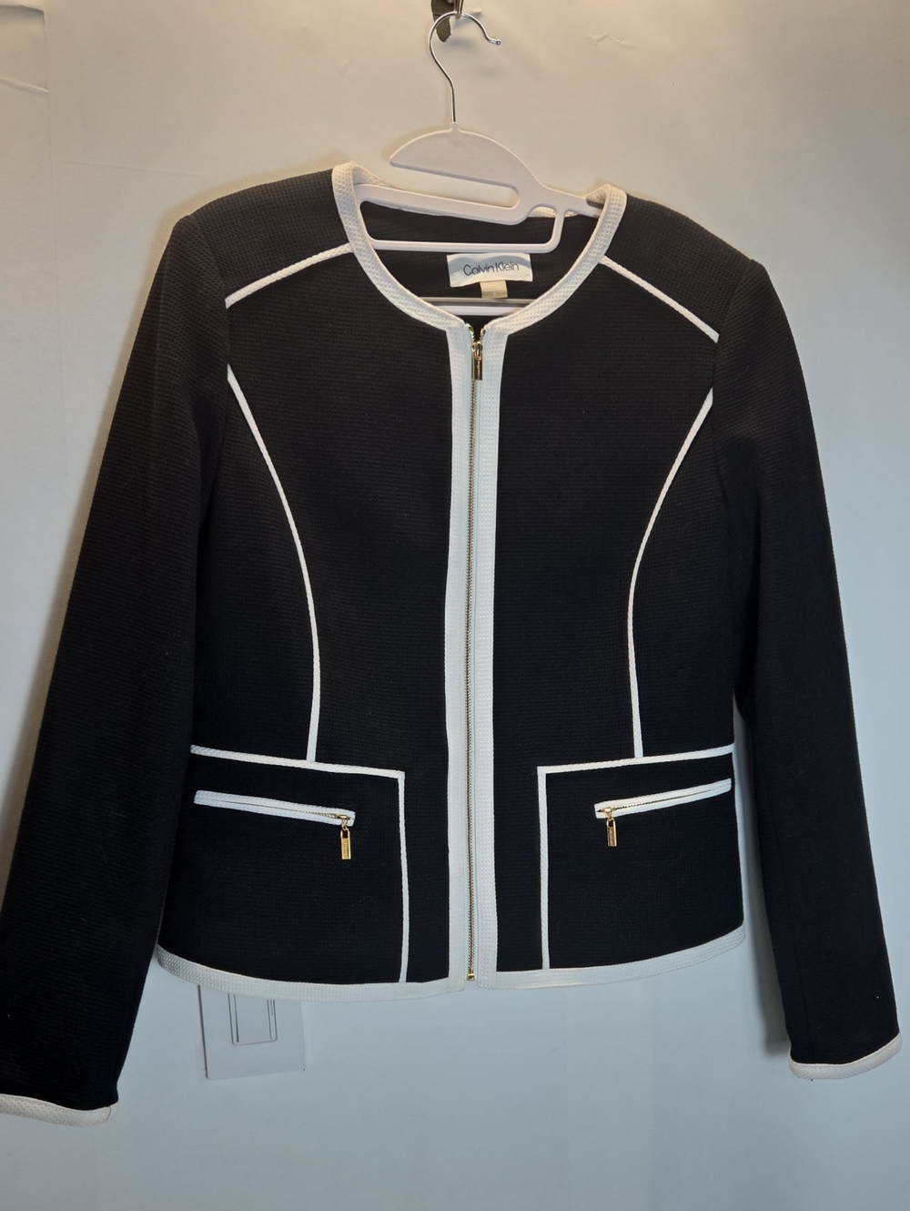 Calvin Klein Black Jacket with White Trim and Gold Zippers Size 8